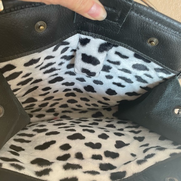 Retro Bangle purse. Ring handles Leather&Neoprene Cheetah fleece Black crossbody - Picture 5 of 9